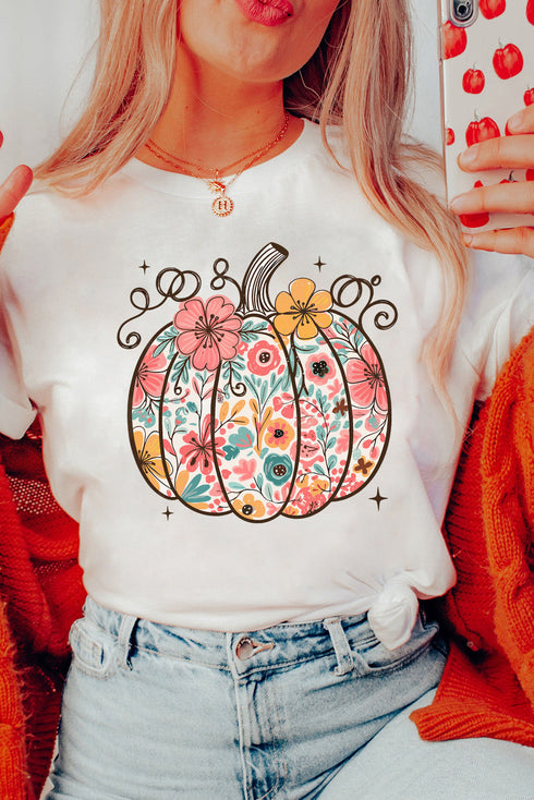 Floral Pumpkin Graphic Print Short Sleeve Cotton Blend Tee