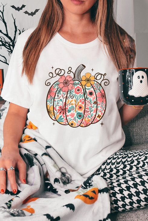 Floral Pumpkin Graphic Print Short Sleeve Cotton Blend Tee