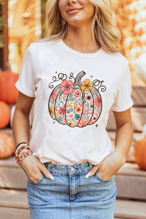 Floral Pumpkin Graphic Print Short Sleeve Cotton Blend Tee