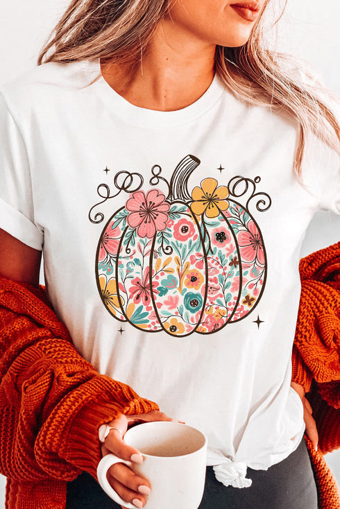 Floral Pumpkin Graphic Print Short Sleeve Cotton Blend Tee