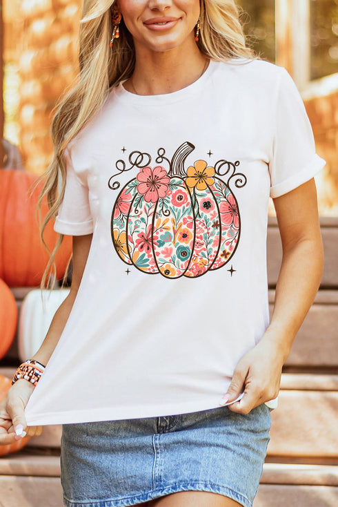 Floral Pumpkin Graphic Print Short Sleeve Cotton Blend Tee