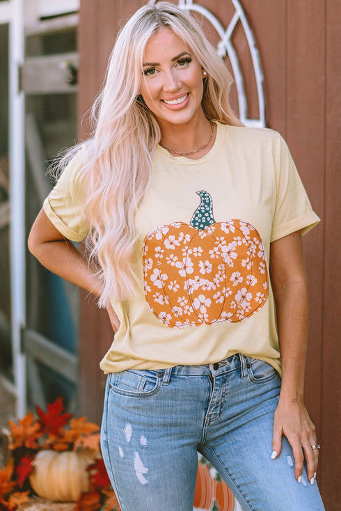 Floral Pumpkin Graphic Print Short Sleeve Crew Neck Tee