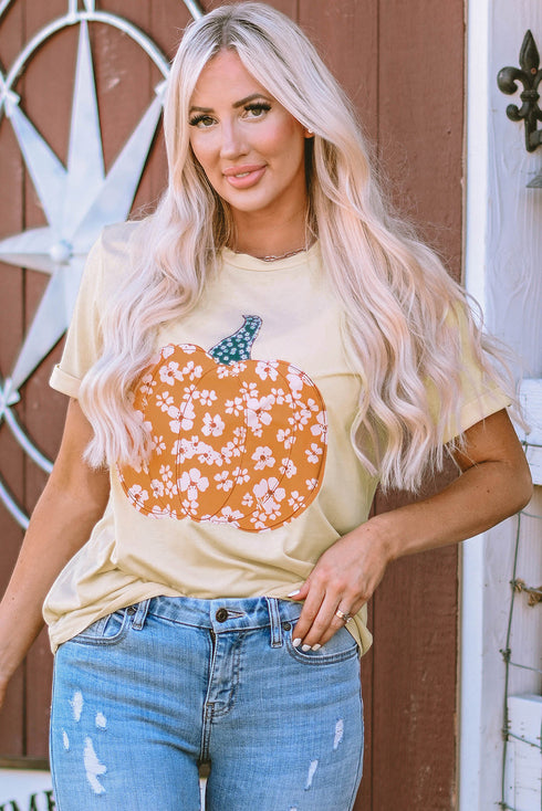 Floral Pumpkin Graphic Print Short Sleeve Crew Neck Tee