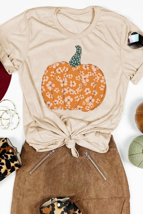 Floral Pumpkin Graphic Print Short Sleeve Crew Neck Tee