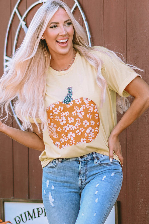 Floral Pumpkin Graphic Print Short Sleeve Crew Neck Tee