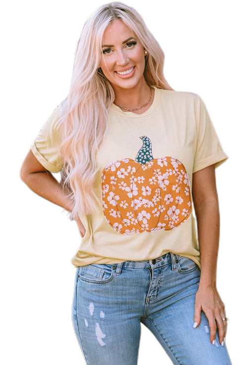 Floral Pumpkin Graphic Print Short Sleeve Crew Neck Tee