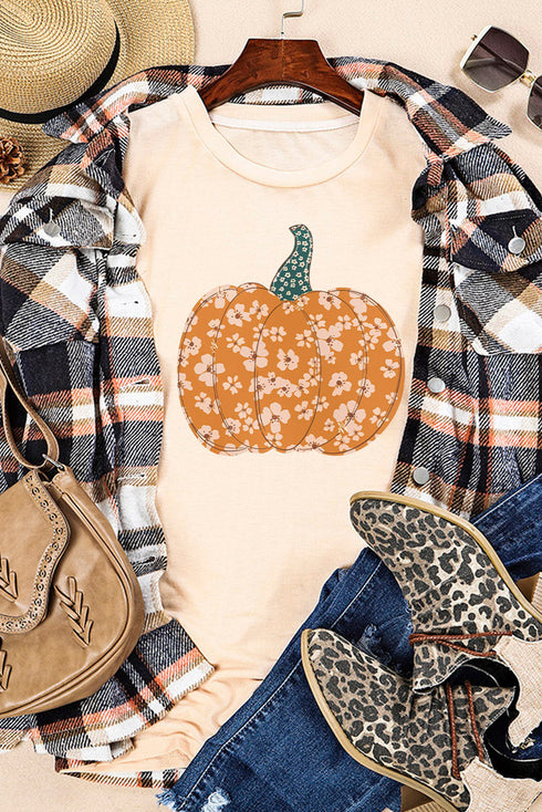 Floral Pumpkin Graphic Print Short Sleeve Crew Neck Tee