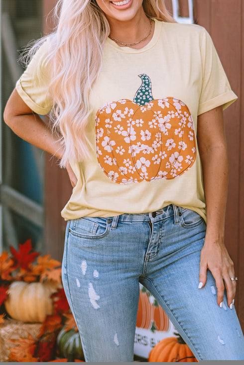 Floral Pumpkin Graphic Print Short Sleeve Crew Neck Tee