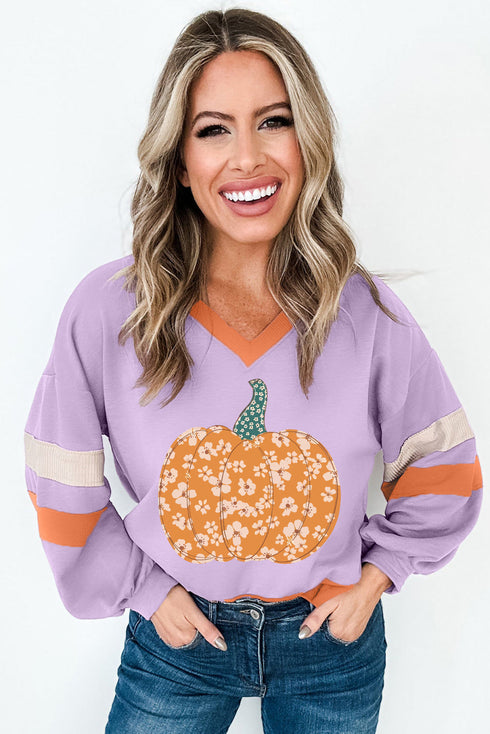 Floral Pumpkin Graphic Varsity Sleeve Pullover Sweatshirt