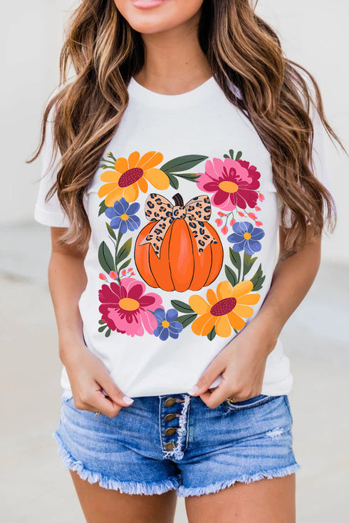 Floral Pumpkin Leopard Bow Graphic Print Holiday Short Sleeve Tee
