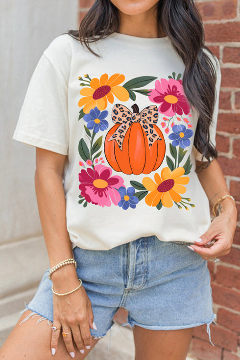 Floral Pumpkin Leopard Bow Graphic Print Holiday Short Sleeve Tee