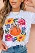 Floral Pumpkin Leopard Bow Graphic Print Holiday Short Sleeve Tee