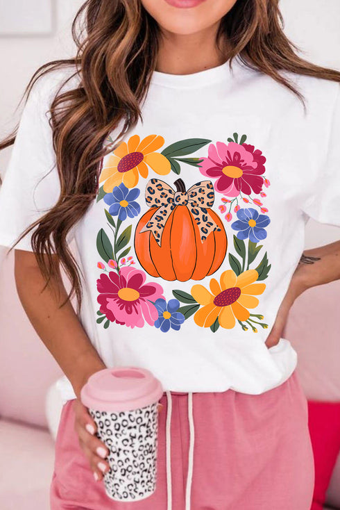 Floral Pumpkin Leopard Bow Graphic Print Holiday Short Sleeve Tee