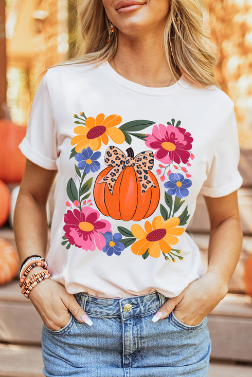 Floral Pumpkin Leopard Bow Graphic Print Holiday Short Sleeve Tee