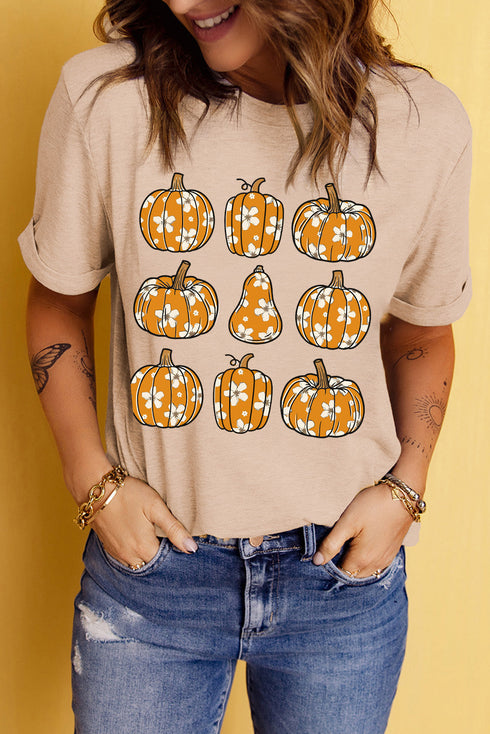 Floral Pumpkin Print Short Sleeve Graphic T Shirt