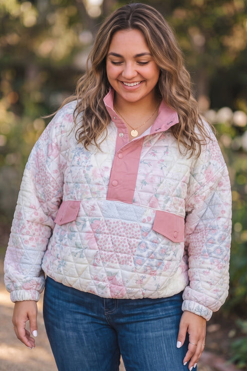 Floral Quilted V Neck Faux Pocket Southern Sweatshirt