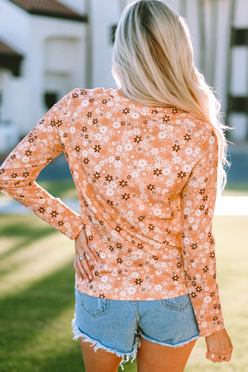 Floral Ribbed Knit Long Sleeve Crew Neck Top