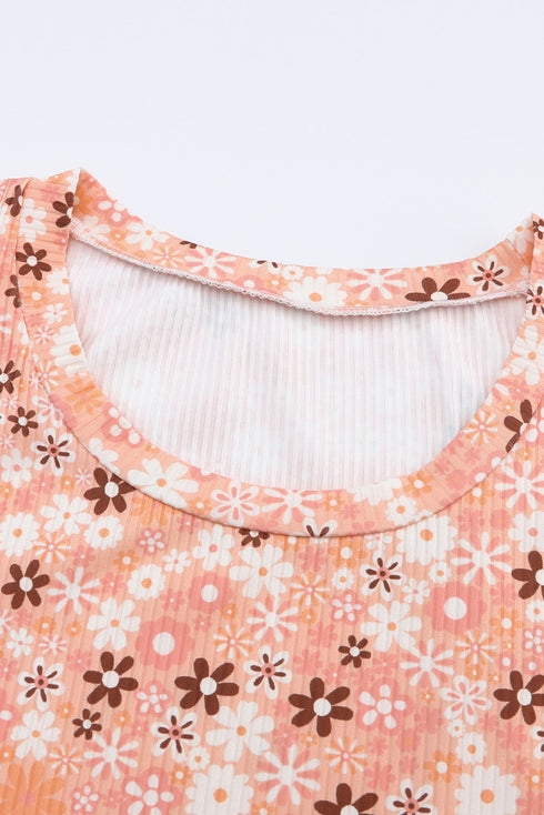Floral Ribbed Knit Long Sleeve Crew Neck Top