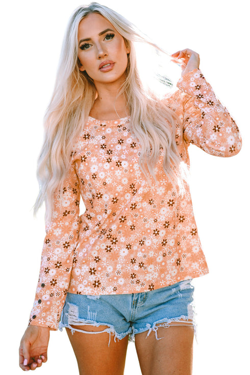 Floral Ribbed Knit Long Sleeve Crew Neck Top