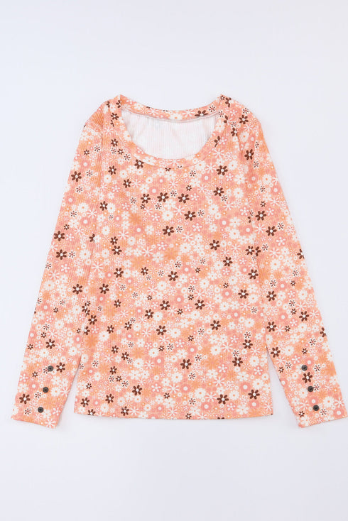 Floral Ribbed Knit Long Sleeve Crew Neck Top