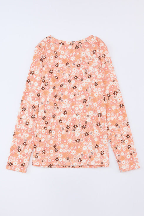 Floral Ribbed Knit Long Sleeve Crew Neck Top