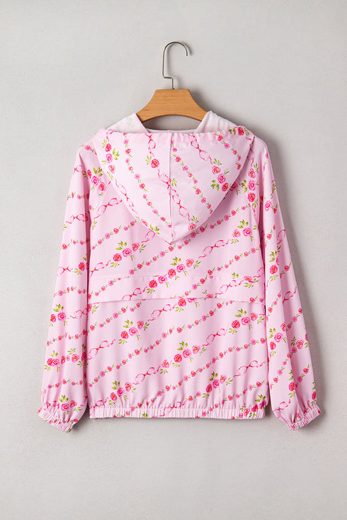 Floral Ribbon Print Quarter Zip Hooded Windbreaker