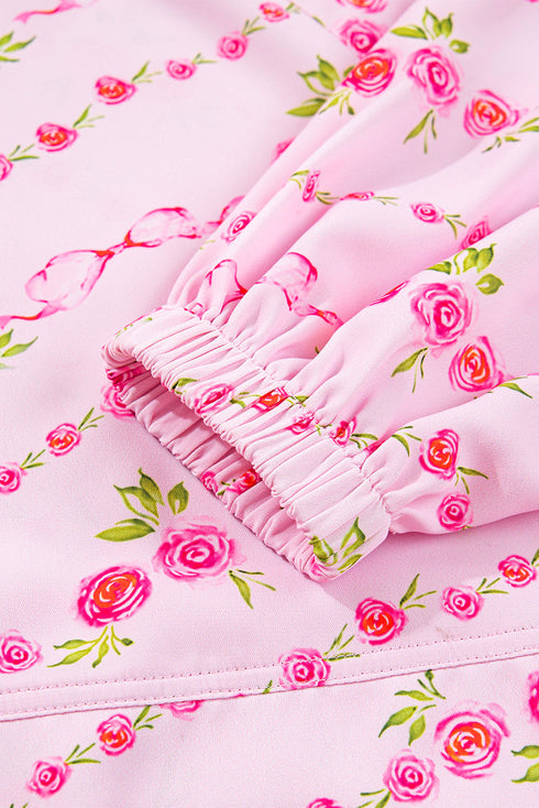 Floral Ribbon Print Quarter Zip Hooded Windbreaker