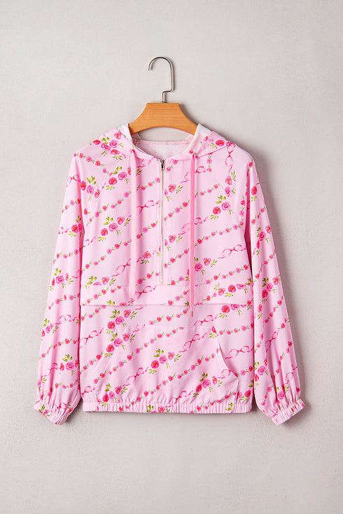 Floral Ribbon Print Quarter Zip Hooded Windbreaker