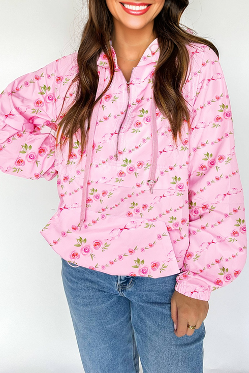 Floral Ribbon Print Quarter Zip Hooded Windbreaker