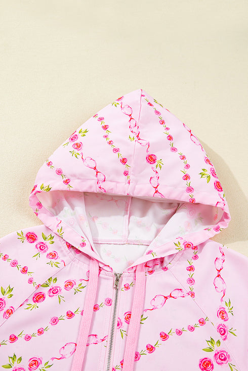 Floral Ribbon Print Quarter Zip Hooded Windbreaker