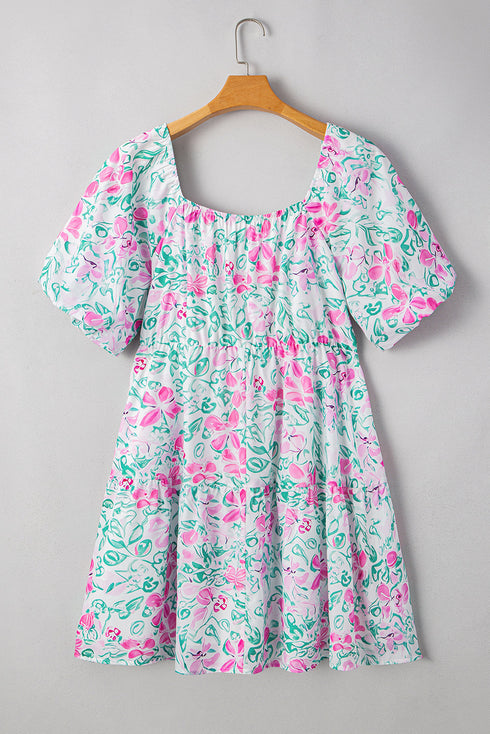 Floral Rick Rack Trim Puff Sleeve Plus Size Mini Dress