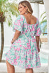 Floral Rick Rack Trim Puff Sleeve Plus Size Mini Dress