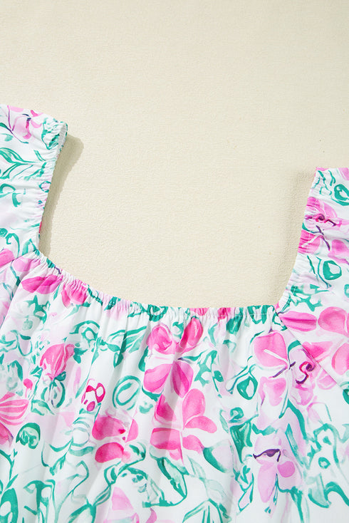 Floral Rick Rack Trim Puff Sleeve Plus Size Mini Dress