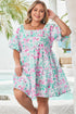 Floral Rick Rack Trim Puff Sleeve Plus Size Mini Dress