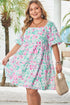 Floral Rick Rack Trim Puff Sleeve Plus Size Mini Dress