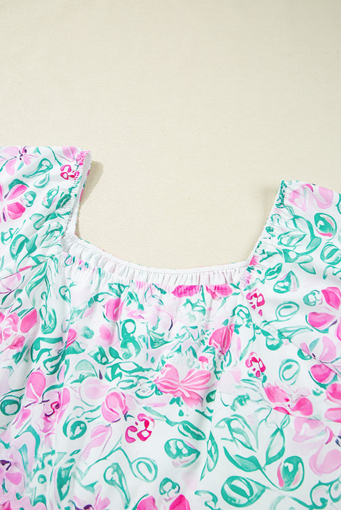 Floral Rick Rack Trim Puff Sleeve Plus Size Mini Dress