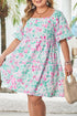 Floral Rick Rack Trim Puff Sleeve Plus Size Mini Dress