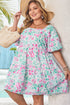 Floral Rick Rack Trim Puff Sleeve Plus Size Mini Dress