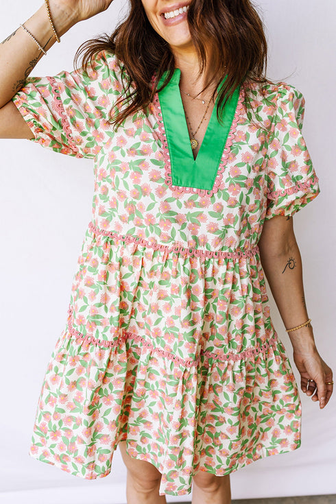 Floral Ricrac Trim Short Puff Sleeve A Line Mini Dress