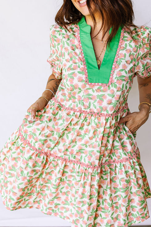 Floral Ricrac Trim Short Puff Sleeve A Line Mini Dress