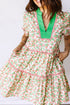 Floral Ricrac Trim Short Puff Sleeve A Line Mini Dress