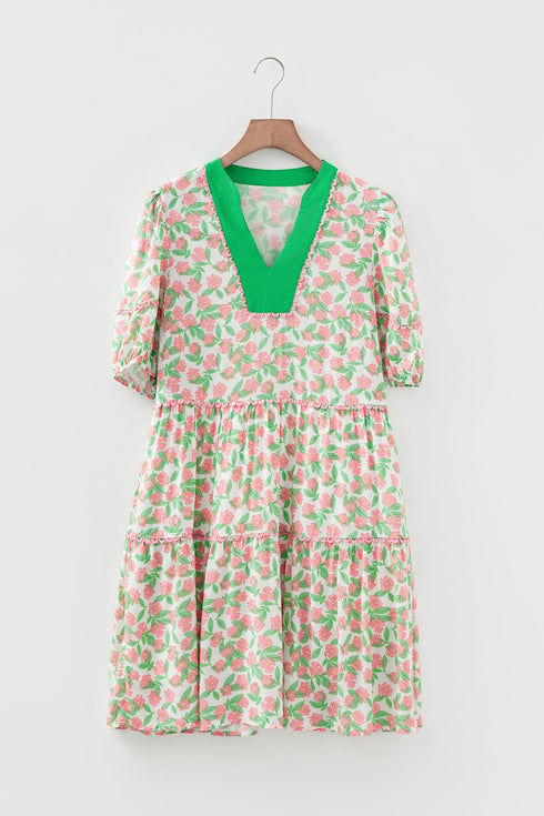 Floral Ricrac Trim Short Puff Sleeve A Line Mini Dress