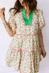 Floral Ricrac Trim Short Puff Sleeve A Line Mini Dress