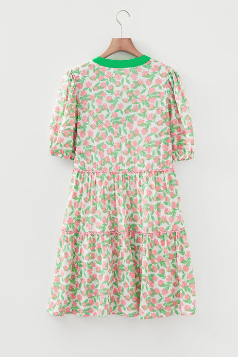 Floral Ricrac Trim Short Puff Sleeve A Line Mini Dress