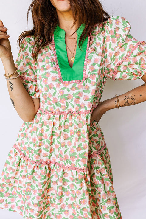 Floral Ricrac Trim Short Puff Sleeve A Line Mini Dress