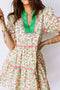 Floral Ricrac Trim Short Puff Sleeve A Line Mini Dress