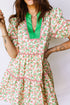 Floral Ricrac Trim Short Puff Sleeve A Line Mini Dress