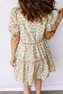 Floral Ricrac Trim Short Puff Sleeve A Line Mini Dress