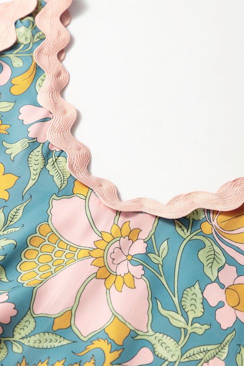 Floral Ricrac Trim V Neck Shift Mini Tank Dress