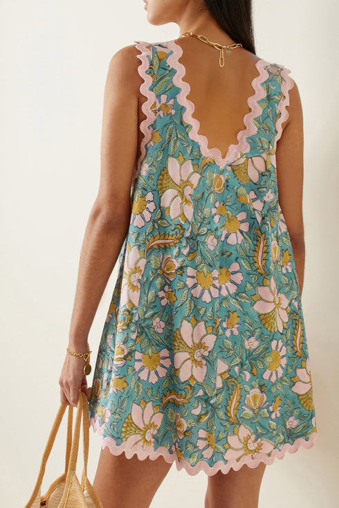 Floral Ricrac Trim V Neck Shift Mini Tank Dress